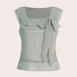 Sweetra Solid Color Square Neck Ruffle Edge Decor Tie Front Blouse